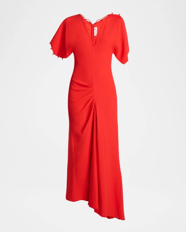 Short-Sleeve Draped Asymmetric Midi Dress